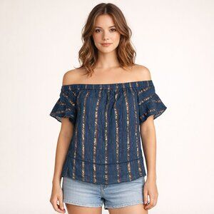 TRYB Anthro Metallic Stripe Peasant Top L Boho Bell Sleeve Lurex Blouse